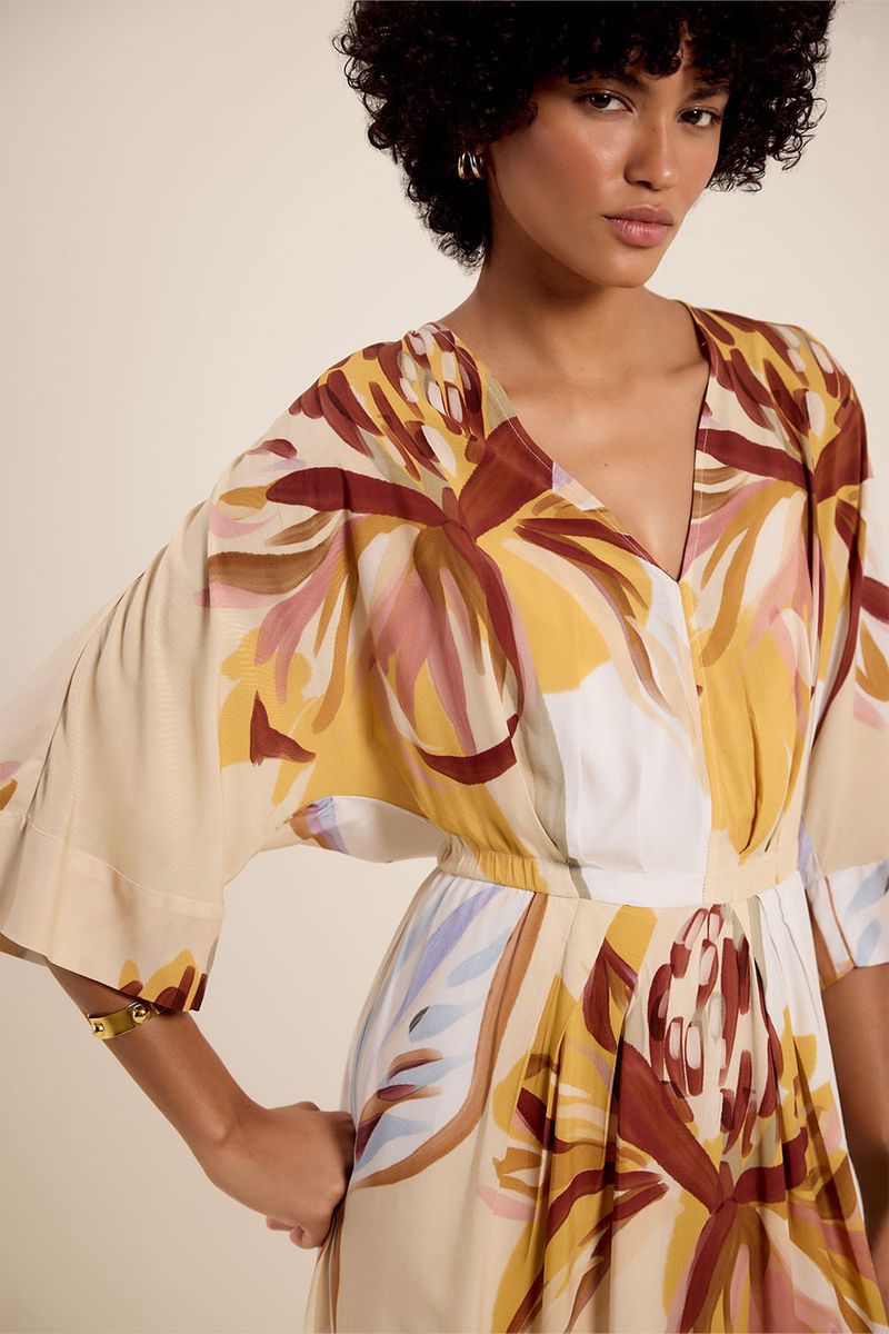 Vestido pregas floral maxi amarelo banana