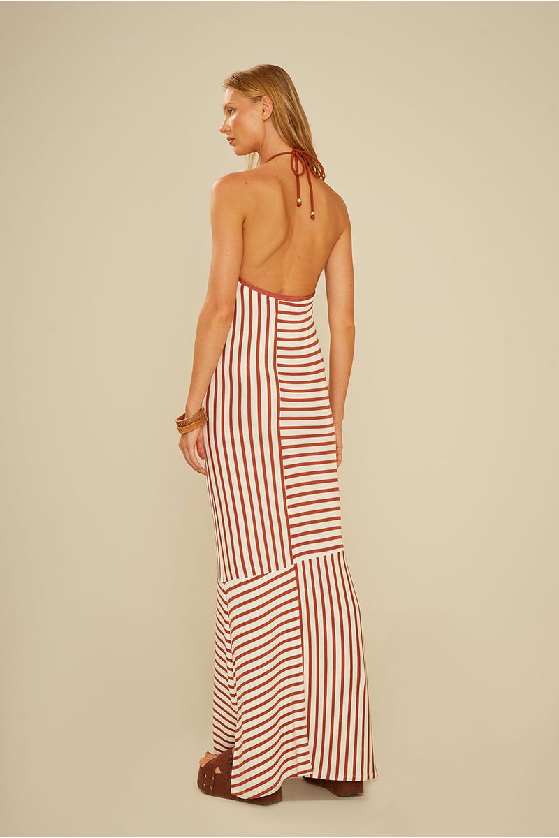 Vestido Longo Malha Stripes - Listra Marrom/Off