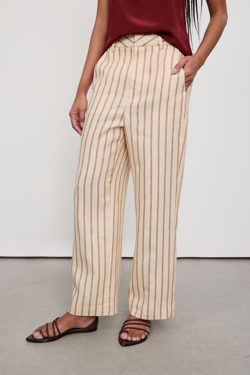 Calça De Linho Bege Listrada