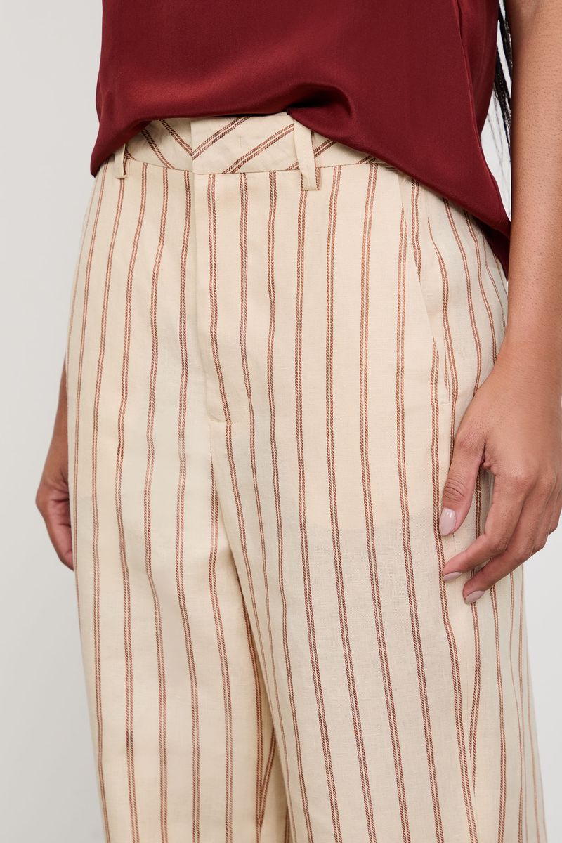 Calça De Linho Bege Listrada