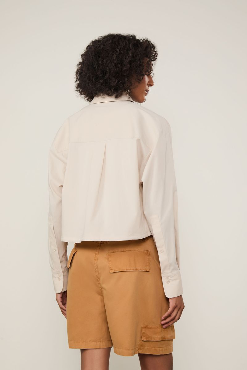 Camisa Cropped Manga Longa Com Amarração Detalhe Bolsos Cinza