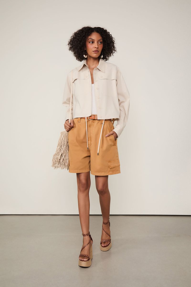 Camisa Cropped Manga Longa Com Amarração Detalhe Bolsos Cinza