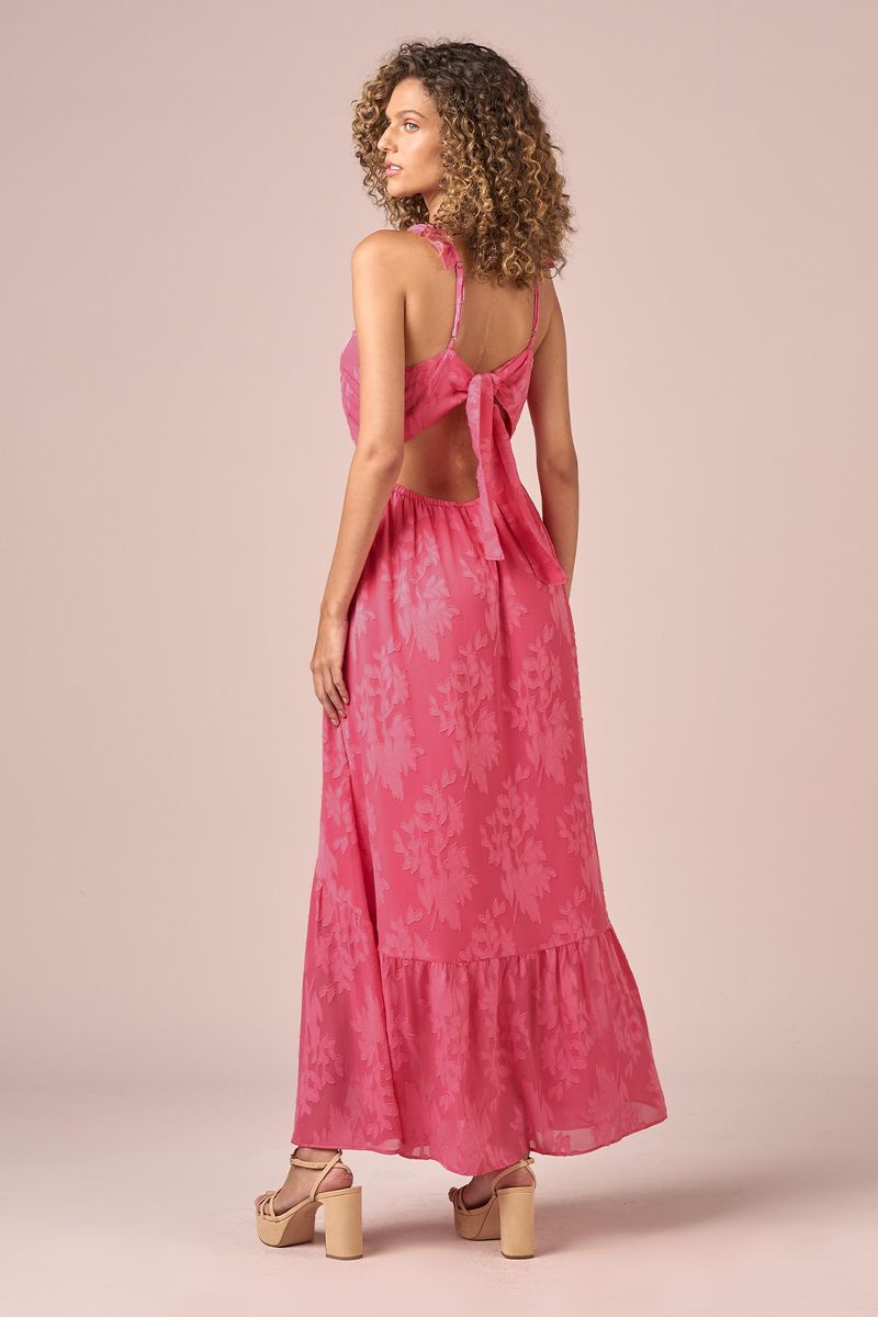 VESTIDO LONGO CHIFFON DECOTE-CARMIM