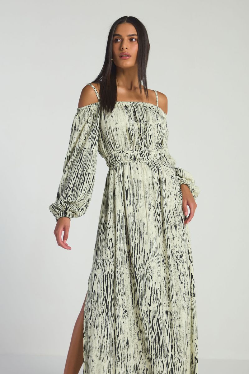 VESTIDO LONGO COM MANGA COMPRIDA - ESTAMPA WOOD