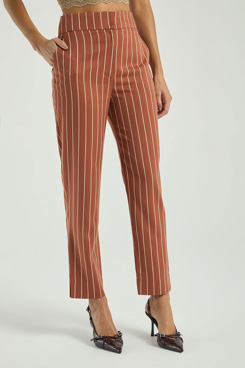CALÇA CIGARRETE LISTRADA-MARROM CARAMELADO / AVEIA