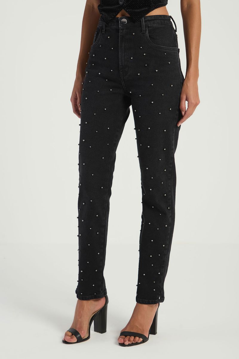 CALÇA EM SARJA SKINNY BORDADA - PRETO
