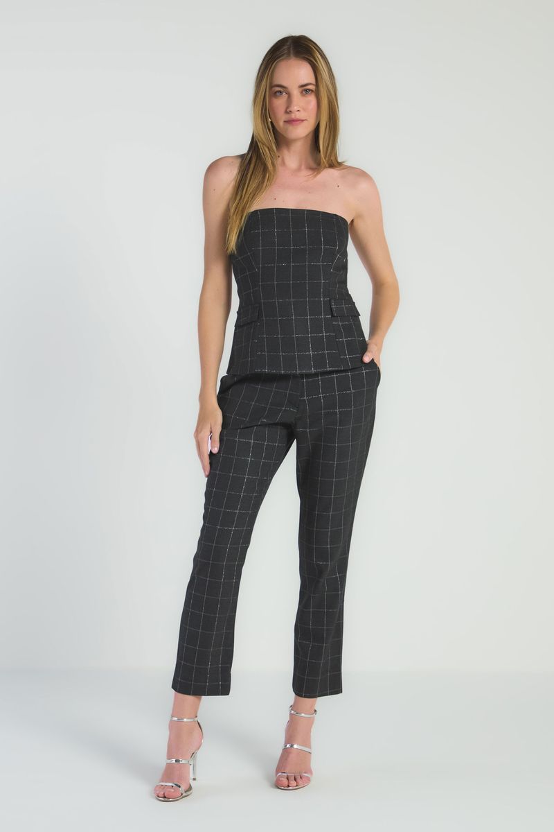 BLUSA TOMARA QUE CAIA XADREZ COM LUREX - PRETO/PRATA