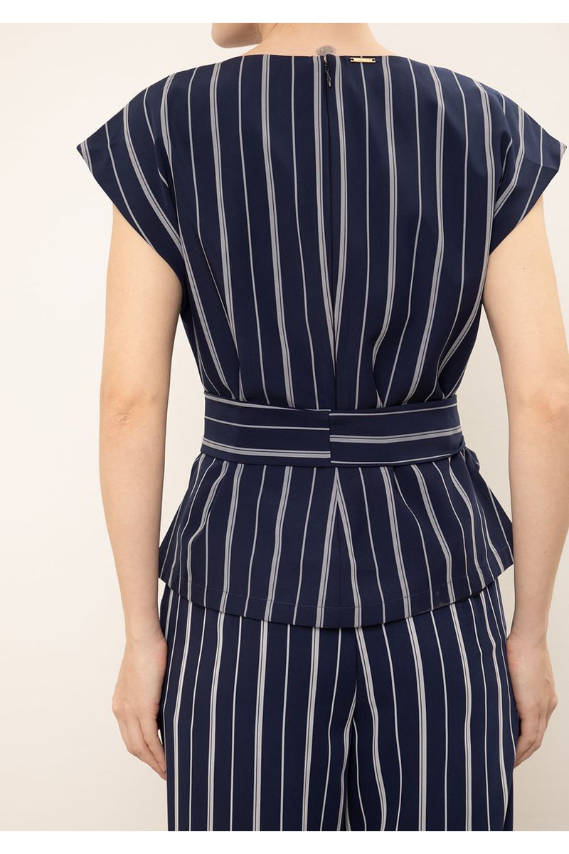 Blusa Iódice Ajustada Decote V Manga Curta Padrão Azul