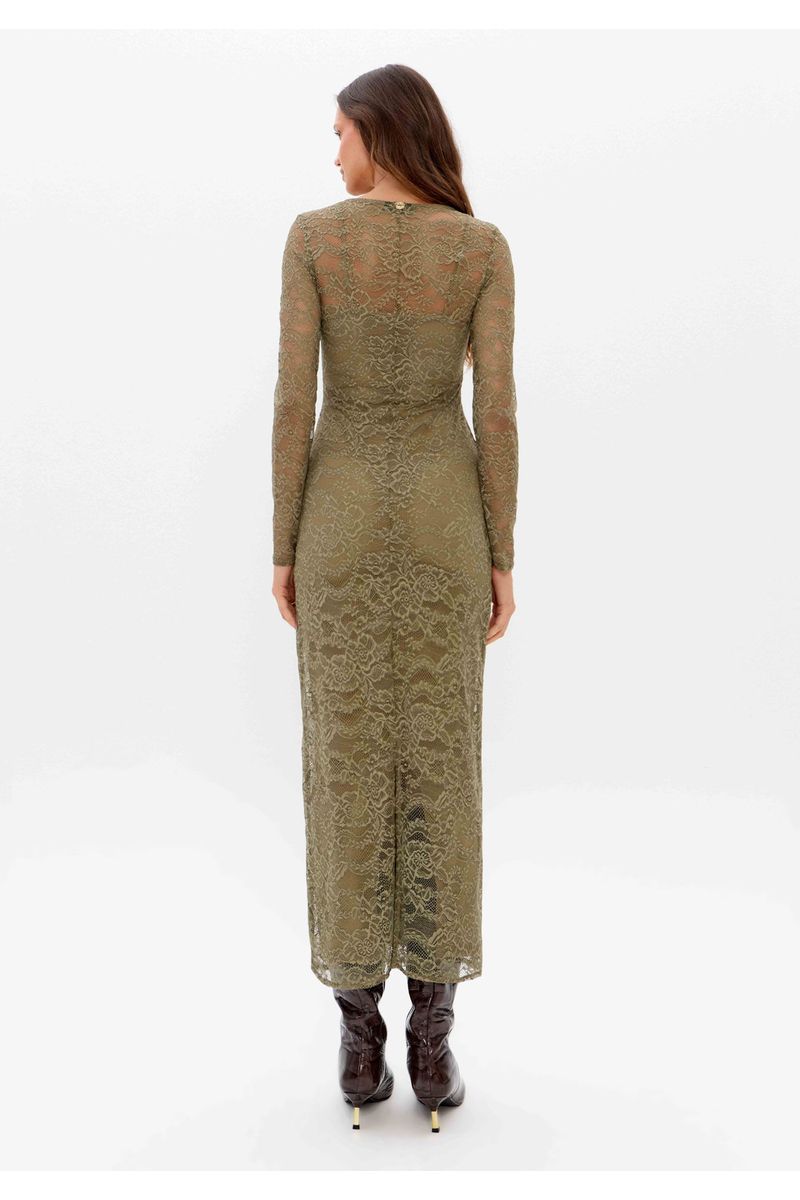 Vestido Super Midi Renda Com Manga Longa