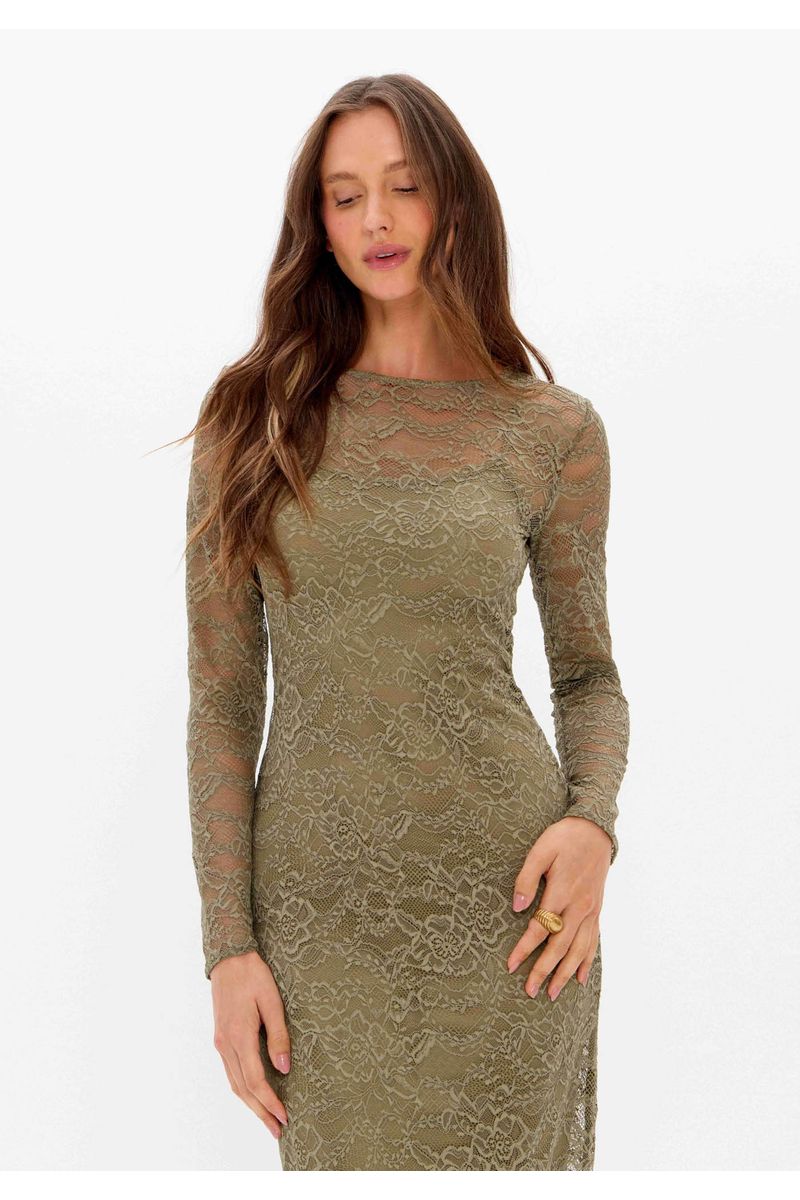 Vestido Super Midi Renda Com Manga Longa