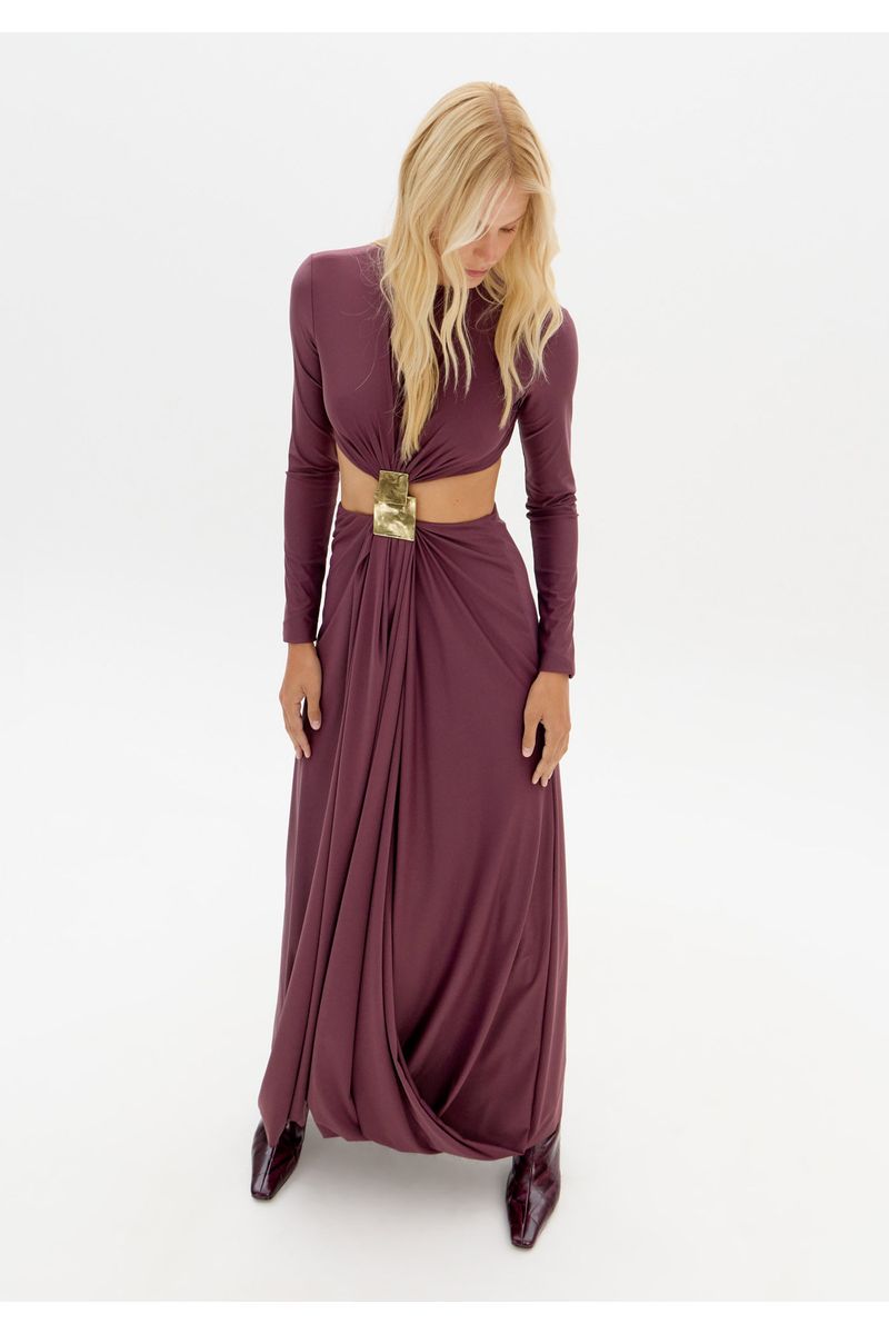Vestido Longo Com Recorte E Aviamento