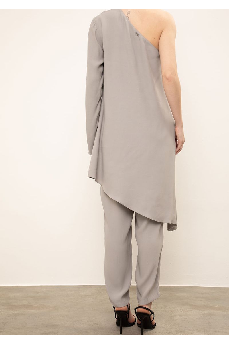 Vestido Iódice Solto Um Ombro Só Manga Longa Curto Cinza