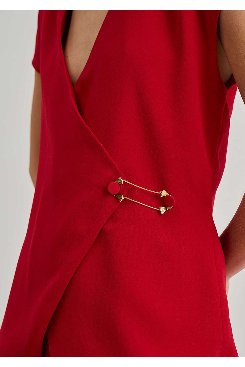 Blusa Iódice Ajustada Decote V Manga Curta Padrão Vermelho