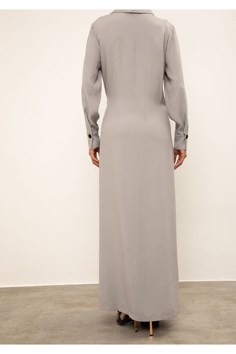 Vestido Iódice Solto Decote Transpassado Manga Longa Longo Cinza