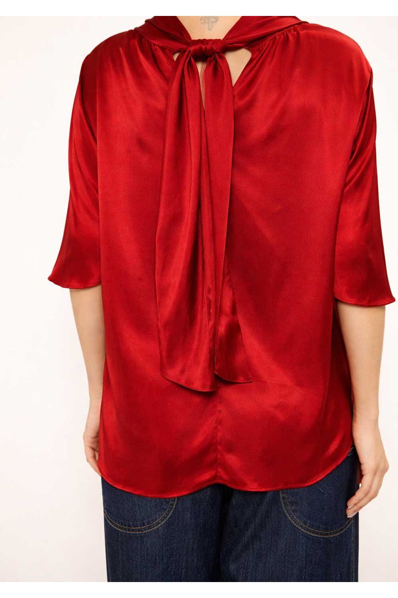 Blusa Iódice Solta Gola Alta Manga Curta Padrão Vermelho