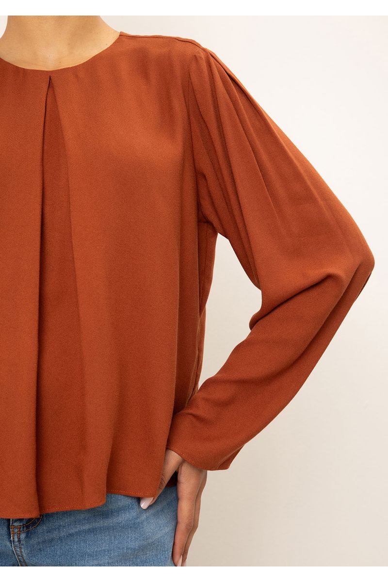 Blusa Iódice Solta Decote Careca Manga Longa Padrão Marrom