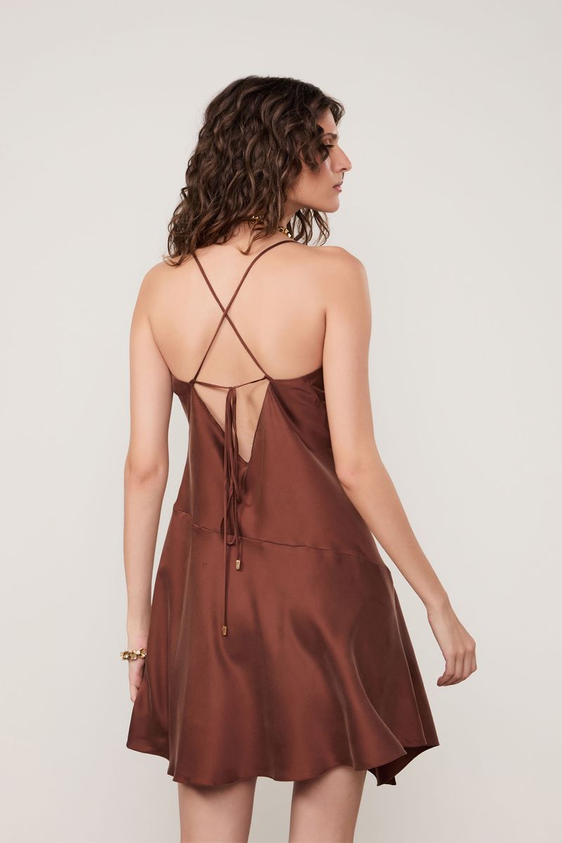 Vestido De Seda Curto Marrom Assimétrico