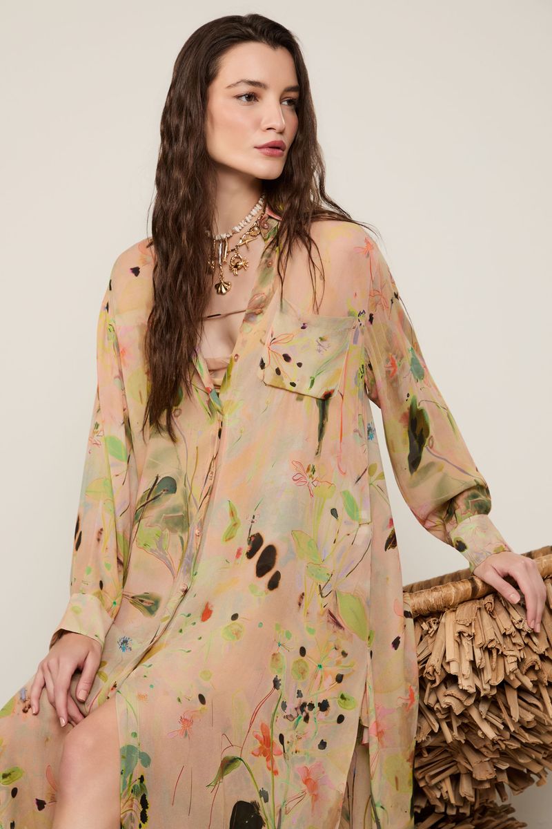 Chemise De Georgette Leve Longa Estampada