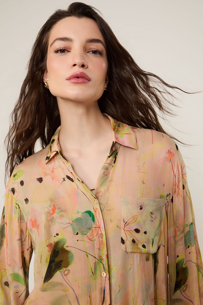 Chemise De Georgette Leve Longa Estampada