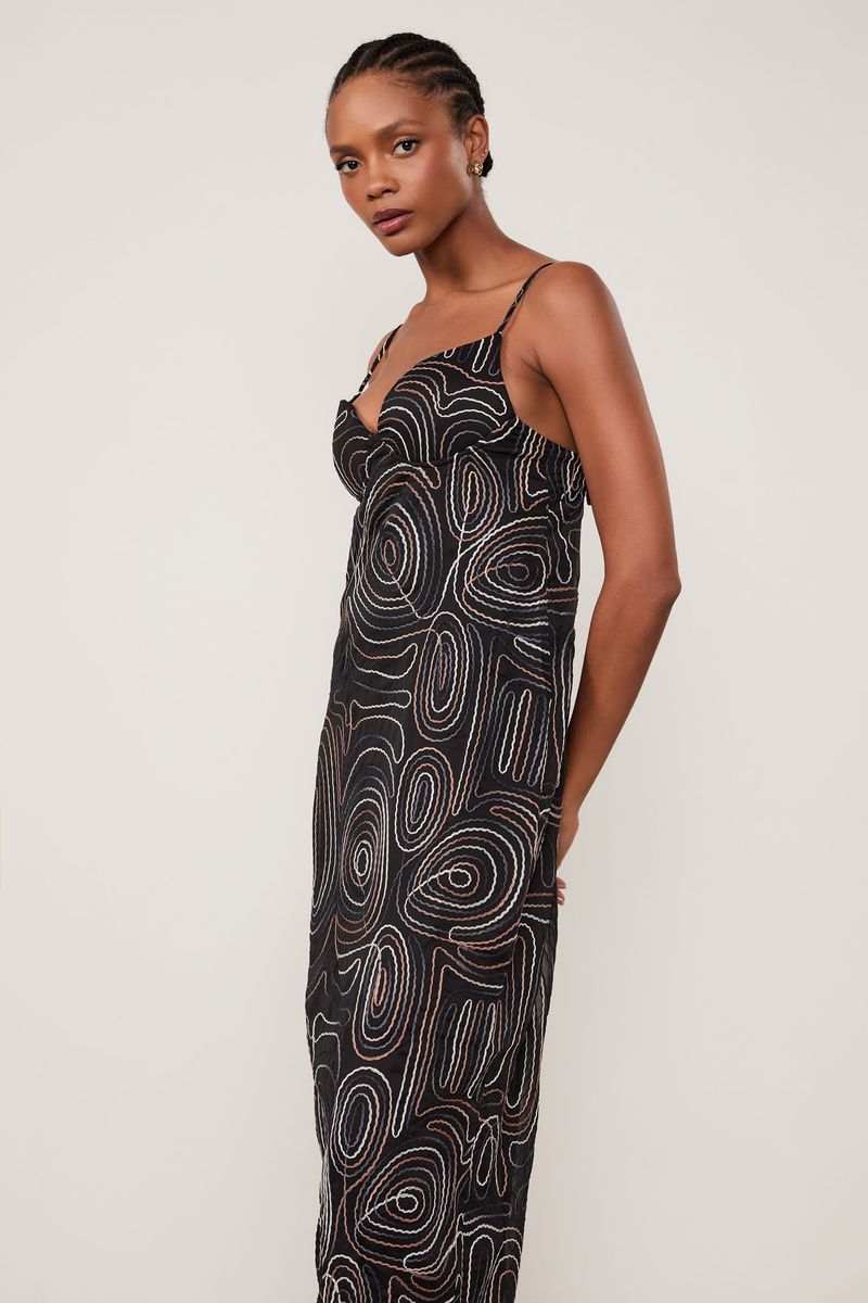 Vestido De Georgette Midi Bordado Com Bojo Preto