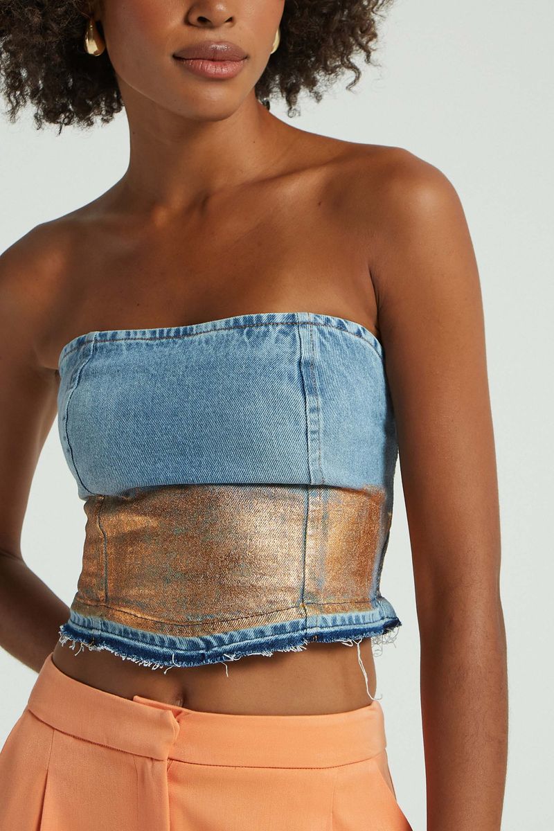 TOP JEANS TQC C/ FOIL OURO VELHO-JEANS ESCURO