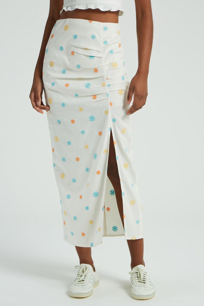 SAIA MIDI TECIDO BORDADO FLORES-CREME