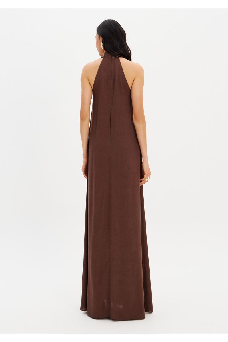 Vestido Longo De Gola Com Linho