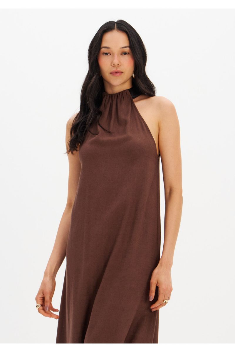 Vestido Longo De Gola Com Linho