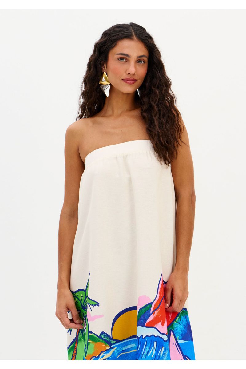 Vestido Super Midi Com Linho Estampado