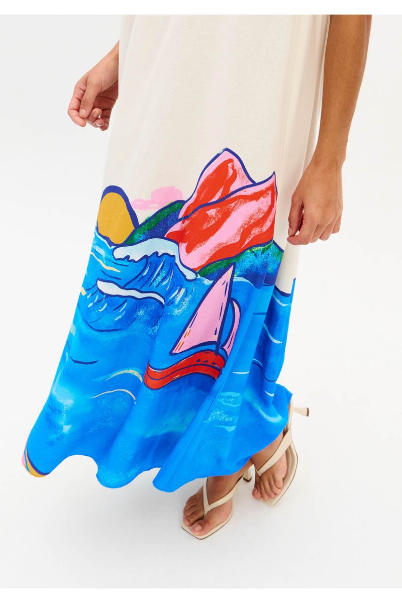 Vestido Super Midi Com Linho Estampado