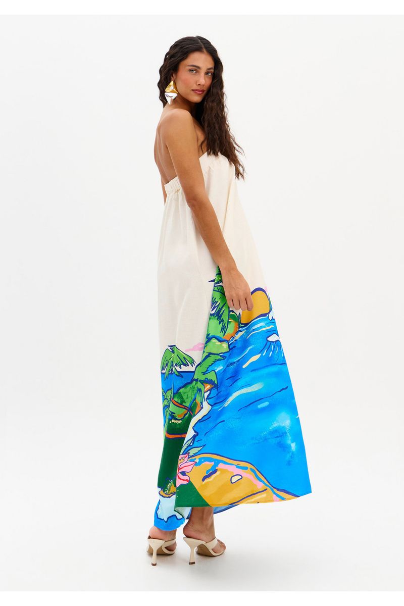 Vestido Super Midi Com Linho Estampado