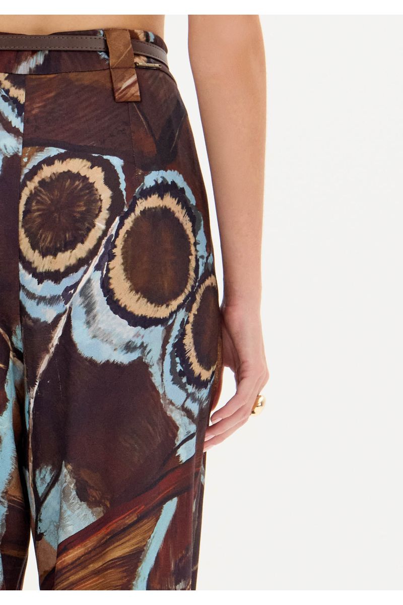Calça Reta Estampada Cintura Média Com Cinto