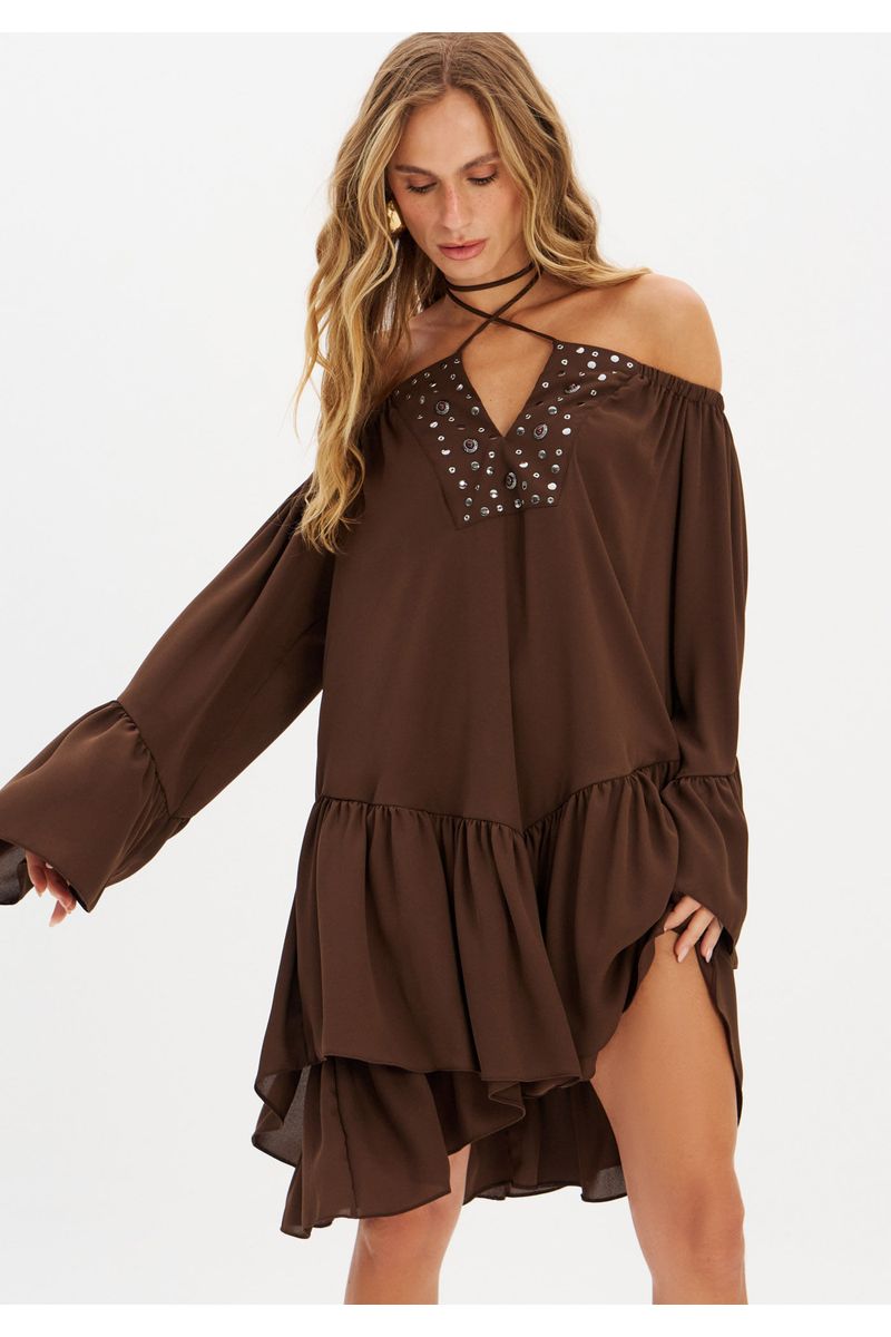 Vestido Curto Ombro A Ombro Com Babado