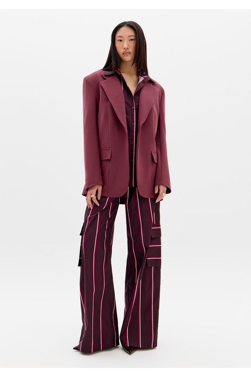 Calça Wide Leg Cintura Média Cargo Listrado