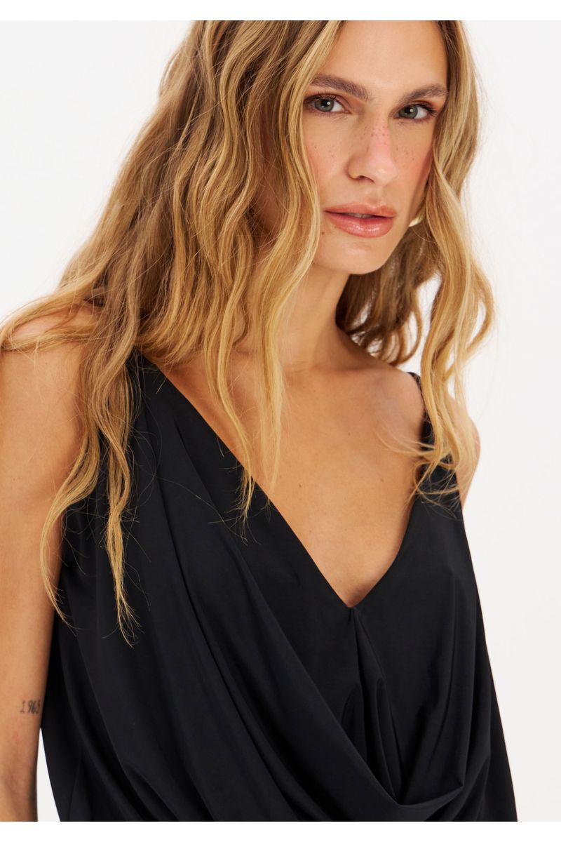 Vestido Midi De Alça Com Pala Drapeada