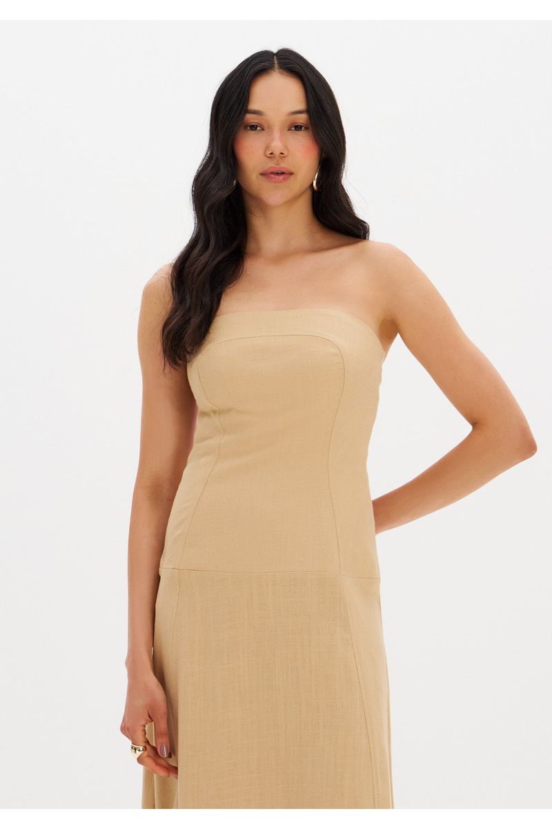 Vestido Midi Sem Alça Com Linho