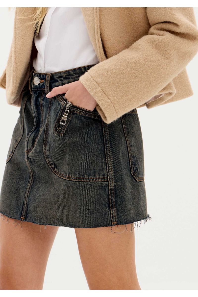 Saia Jeans Curta Cintura Média com Bolso