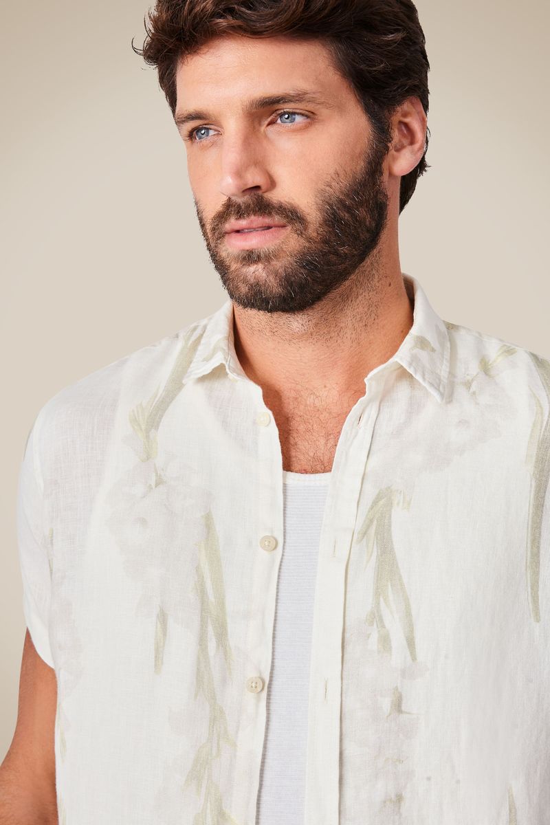 Camisa Manga Curta Linho Floral Energia