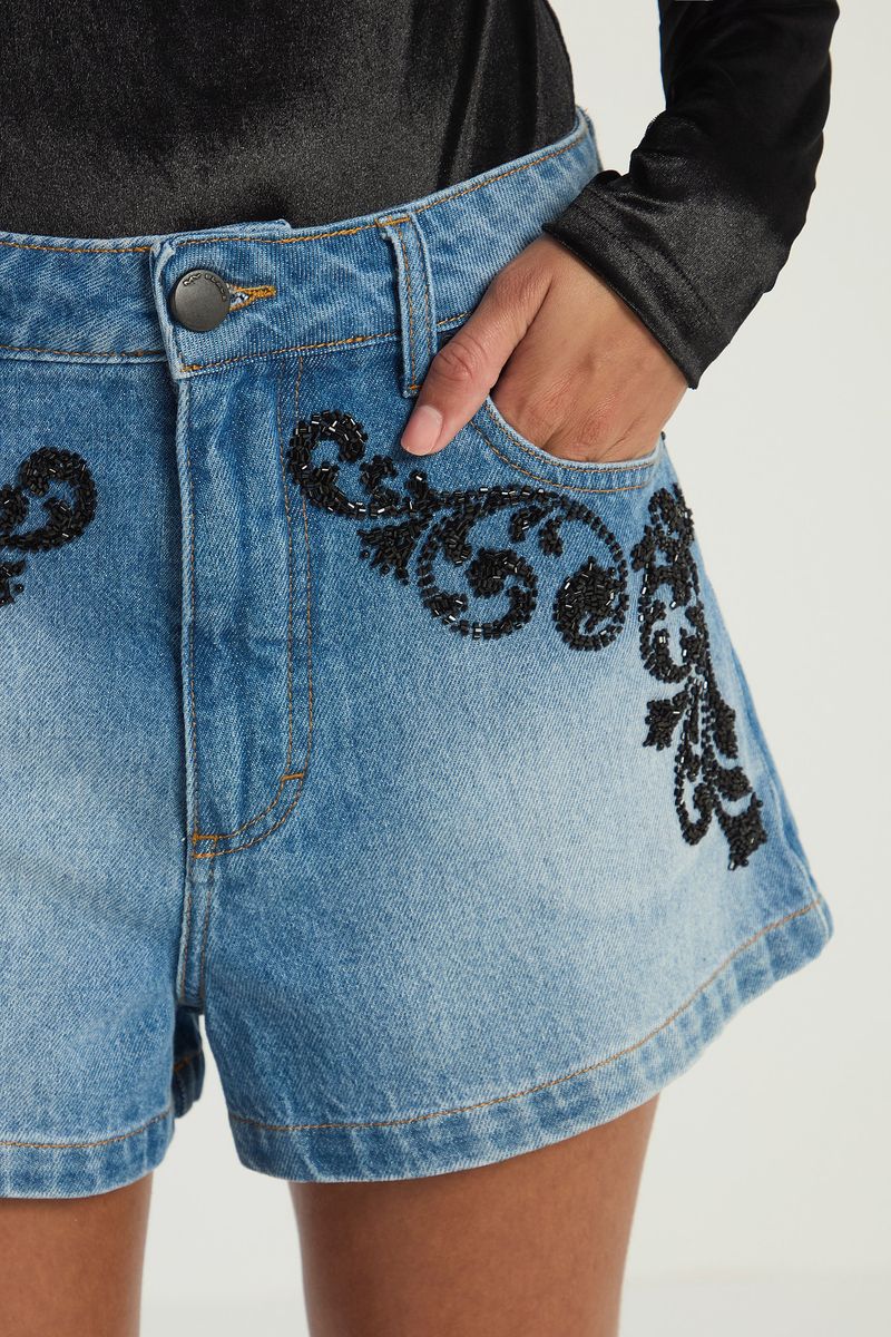 SHORT JEANS BORDADO LATERAL-JEANS MEDIO