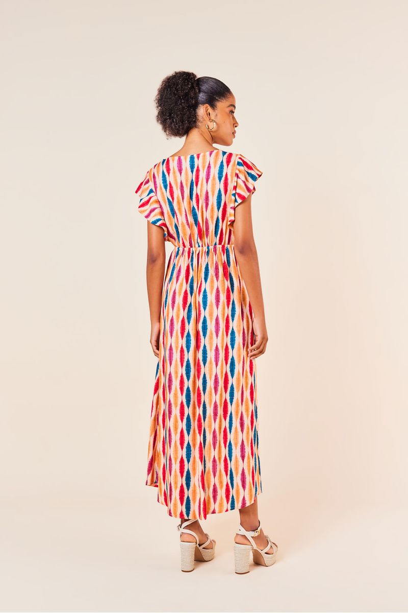 VESTIDO LONGO COM DECOTE V - ESTAMPA DANCA DAS PENAS