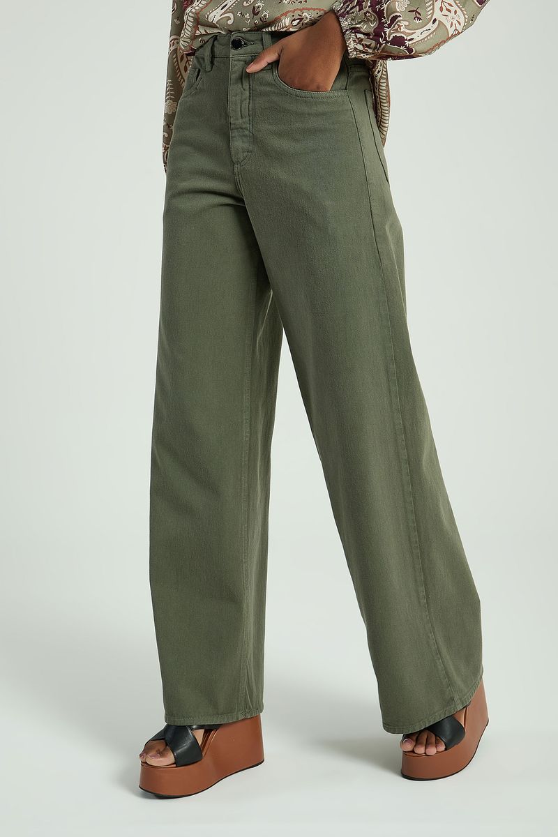 CALÇA PANTALONA EM SARJA-VERDE ESCURO