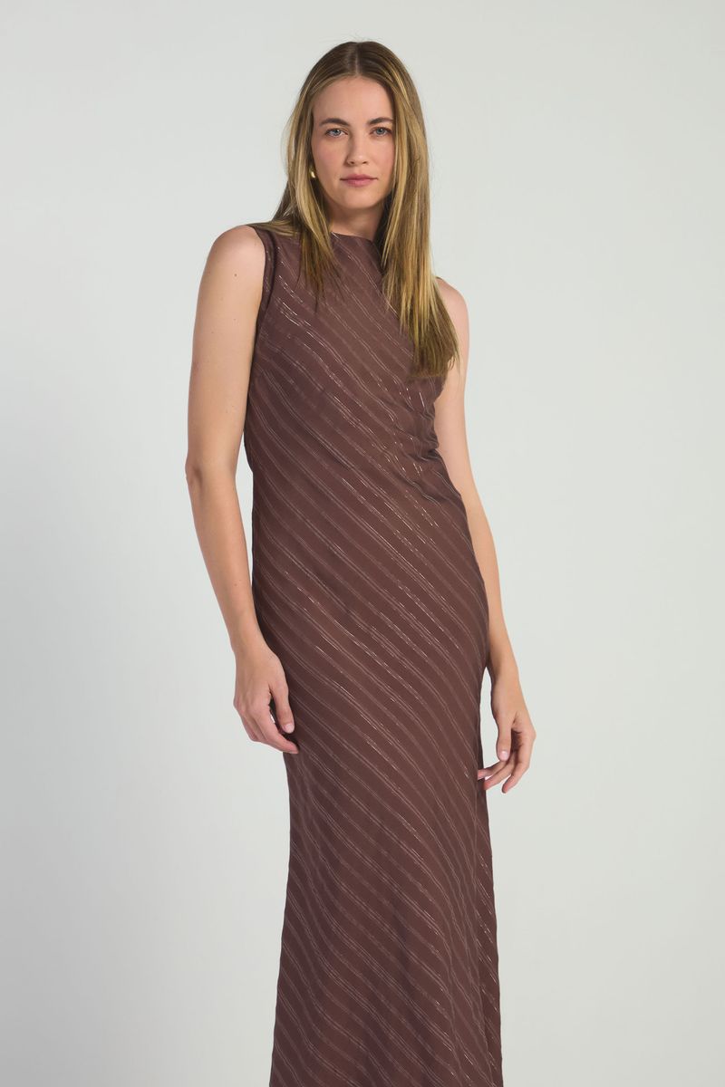 VESTIDO MIDI LISTRADO COM LUREX - MARROM