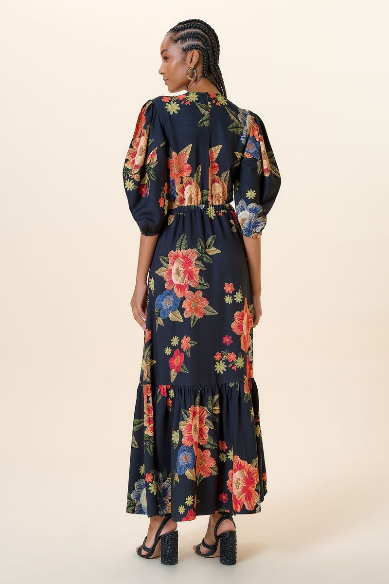VESTIDO LONGO DECOTE EM V E RECORTES LATERAIS - ESTAMPA TAPECARIA FLORAL