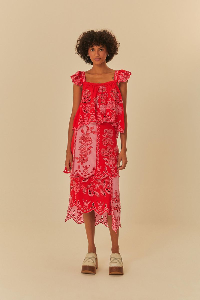 Saia Midi Bordada Estampada Kauai
