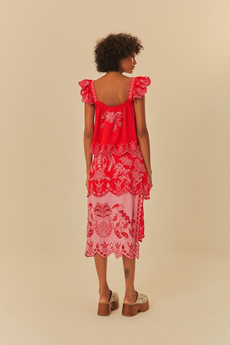 Saia Midi Bordada Estampada Kauai