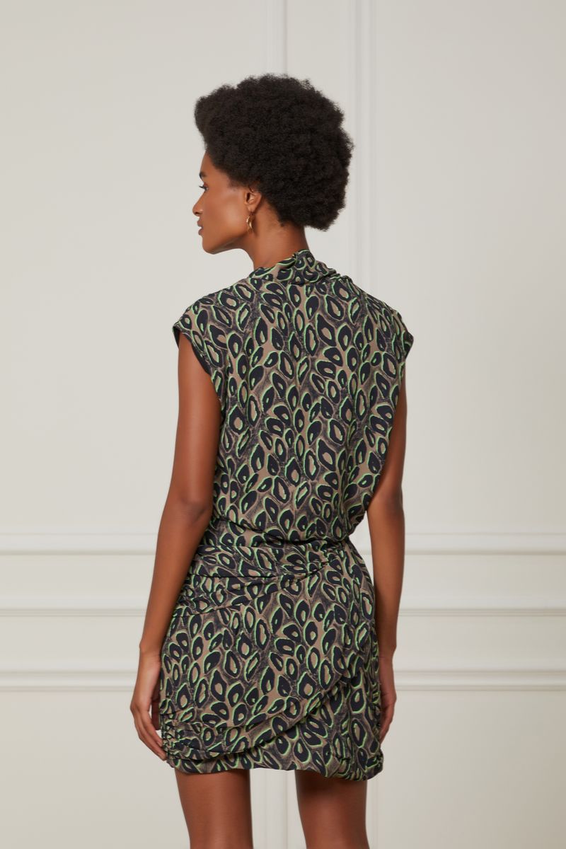 Vestido De Georgette Pesado Curto Decote Transpassado Estampado