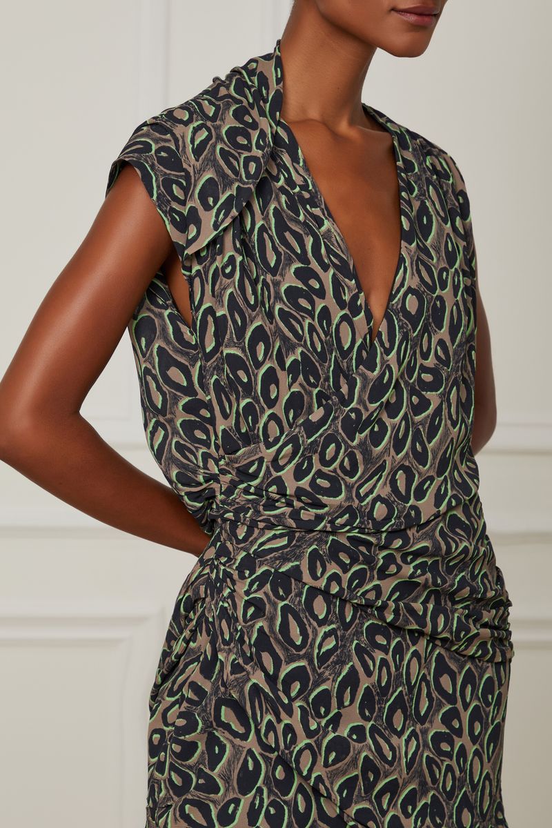 Vestido De Georgette Pesado Curto Decote Transpassado Estampado
