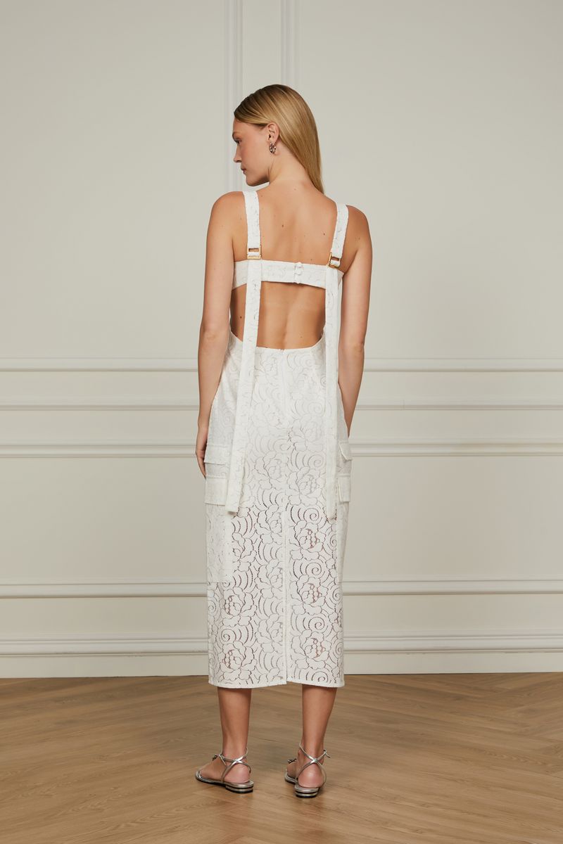 Vestido De Renda Midi Off White Com Recortes Laterais