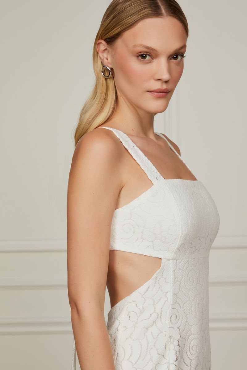 Vestido De Renda Midi Off White Com Recortes Laterais