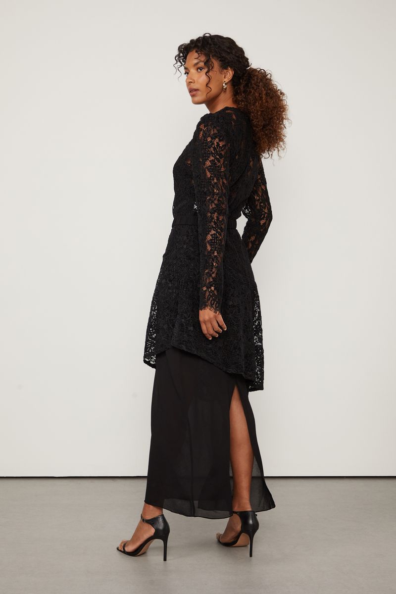 Vestido De Renda Longo Manga Longa Preto Decote v Com Cinto